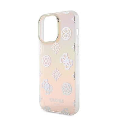 Apple iPhone 15 Pro Max Case Guess Original Licensed Patterned Text Logo Holographic Glitter Peony Cover with Strap String - 12