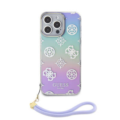 Apple iPhone 15 Pro Max Case Guess Original Licensed Patterned Text Logo Holographic Glitter Peony Cover with Strap String - 16