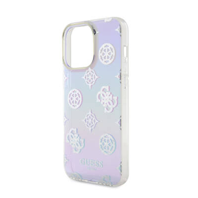 Apple iPhone 15 Pro Max Case Guess Original Licensed Patterned Text Logo Holographic Glitter Peony Cover with Strap String - 19