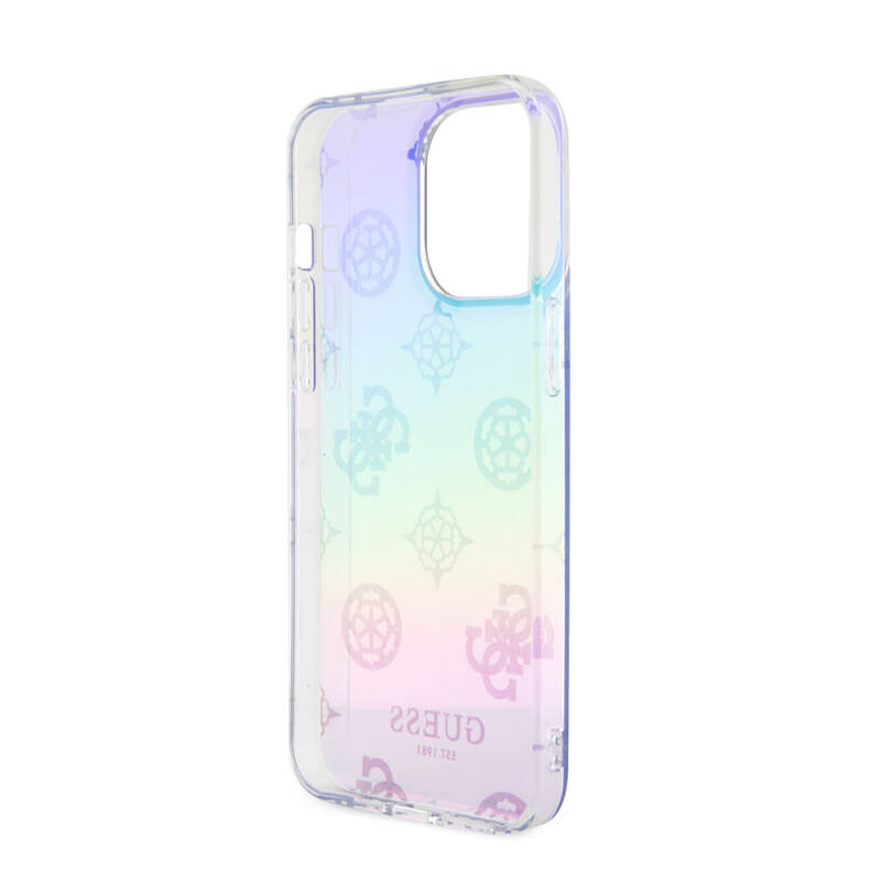 Apple iPhone 15 Pro Max Case Guess Original Licensed Patterned Text Logo Holographic Glitter Peony Cover with Strap String - 20