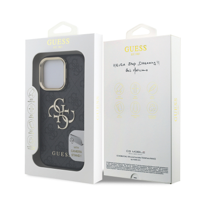 Apple iPhone 15 Pro Max Case Guess Original Licensed PU Leather 4G Patterned Metal Big 4G and Text Logo Camera Stand Cover - 19