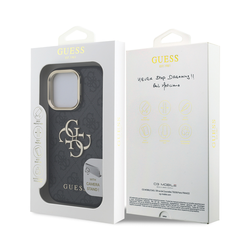 Apple iPhone 15 Pro Max Case Guess Original Licensed PU Leather 4G Patterned Metal Big 4G and Text Logo Camera Stand Cover - 19
