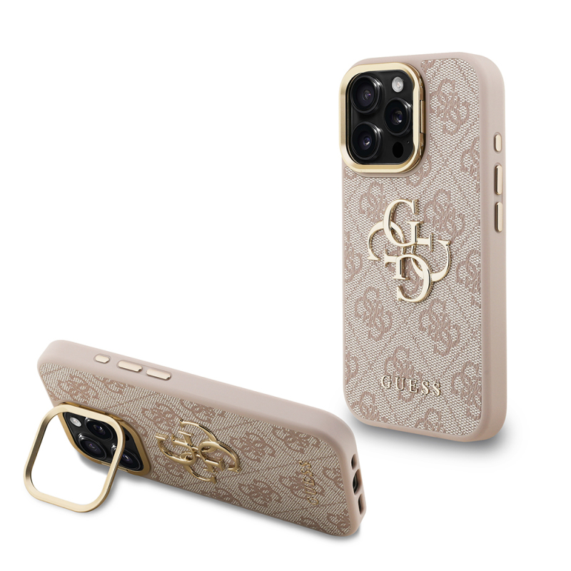 Apple iPhone 15 Pro Max Case Guess Original Licensed PU Leather 4G Patterned Metal Big 4G and Text Logo Camera Stand Cover - 4