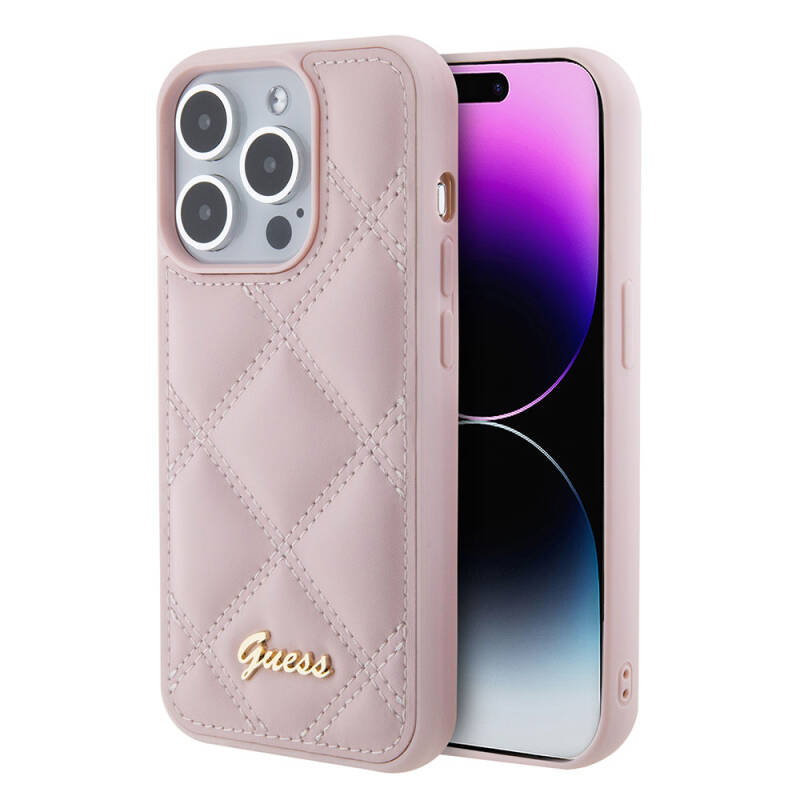 Apple iPhone 15 Pro Max Case Guess Original Licensed PU Leather Metal Text Logo Quilted Cover - 1