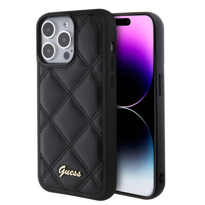 Apple iPhone 15 Pro Max Case Guess Original Licensed PU Leather Metal Text Logo Quilted Cover - 9