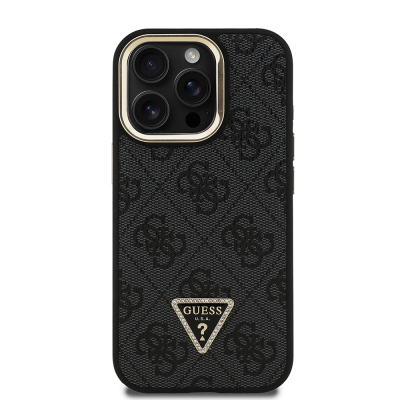 Apple iPhone 15 Pro Max Case Guess Original Licensed PU Leather Stone Triangle Logo 4G Patterned Camera Stand Cover - 6