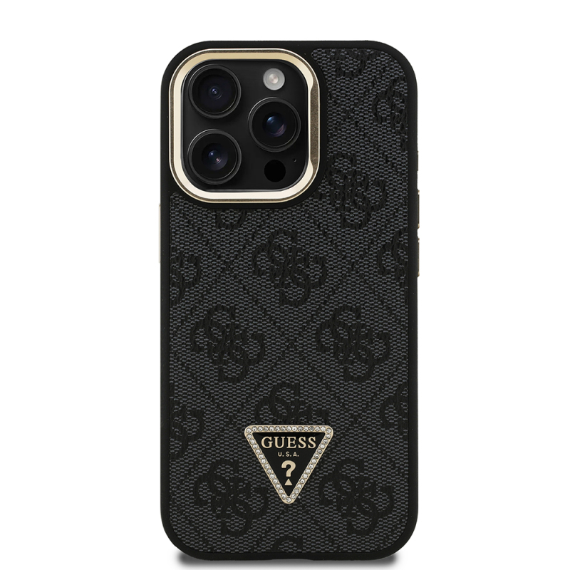 Apple iPhone 15 Pro Max Case Guess Original Licensed PU Leather Stone Triangle Logo 4G Patterned Camera Stand Cover - 6