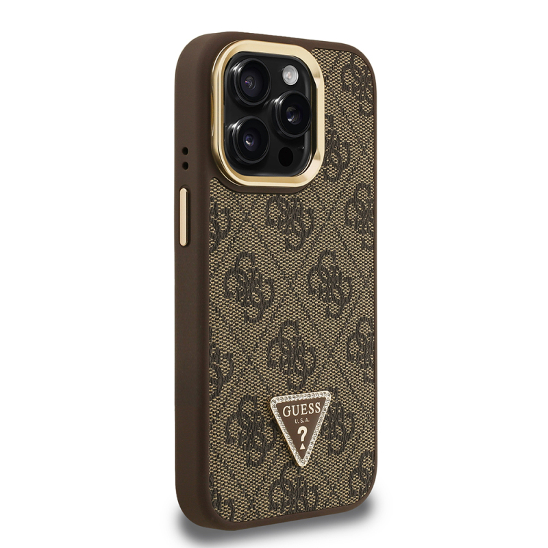 Apple iPhone 15 Pro Max Case Guess Original Licensed PU Leather Stone Triangle Logo 4G Patterned Camera Stand Cover - 21