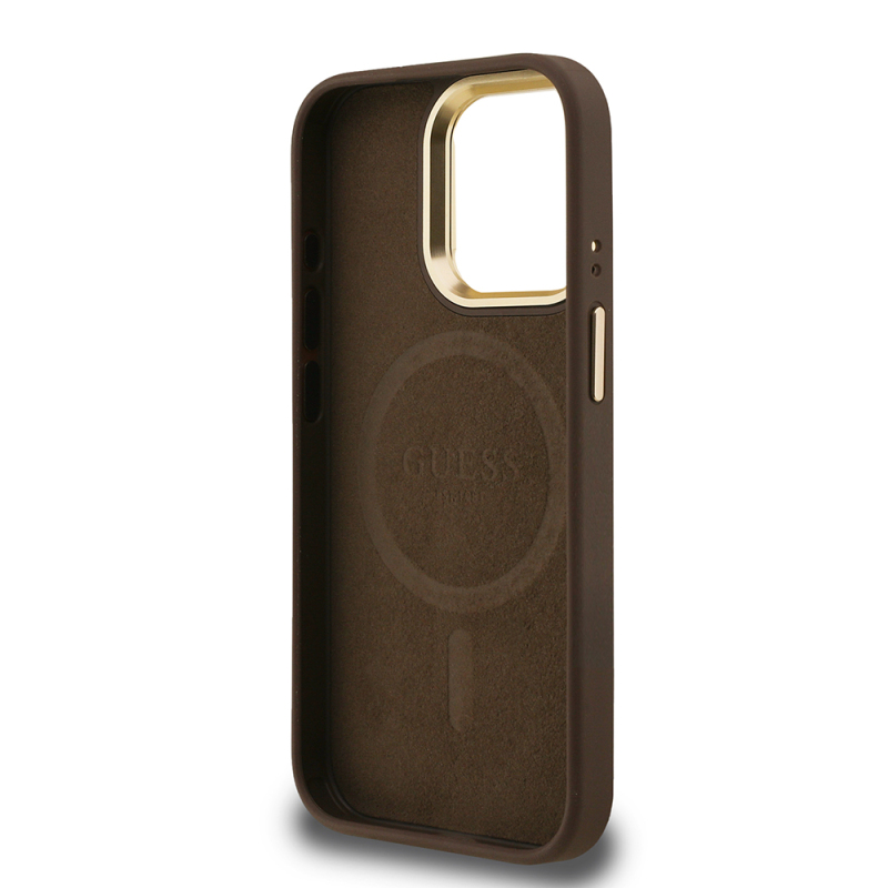 Apple iPhone 15 Pro Max Case Guess Original Licensed PU Leather Stone Triangle Logo 4G Patterned Camera Stand Cover - 24