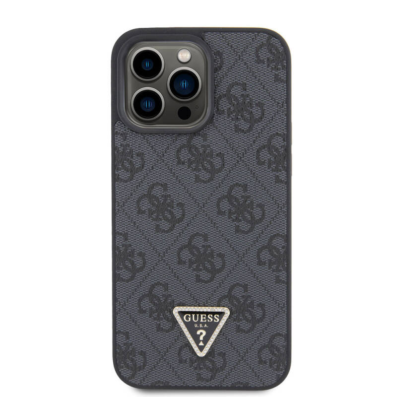 Apple iPhone 15 Pro Max Case Guess Original Licensed PU Leather Stoned Triangle Logo 4G Patterned Strass Cover - 3