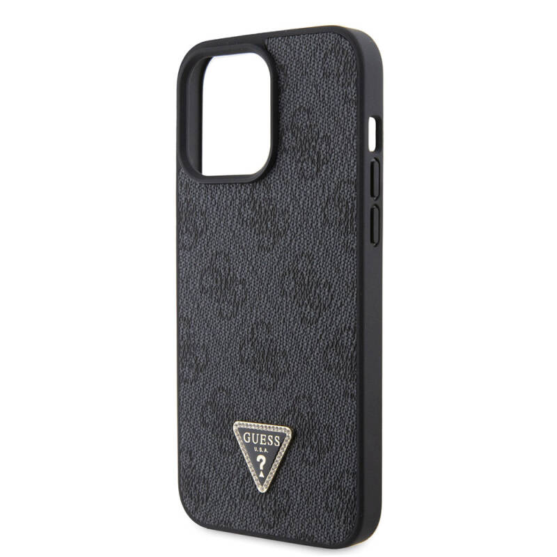 Apple iPhone 15 Pro Max Case Guess Original Licensed PU Leather Stoned Triangle Logo 4G Patterned Strass Cover - 5