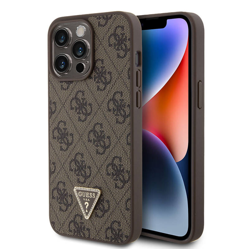 Apple iPhone 15 Pro Max Case Guess Original Licensed PU Leather Stoned Triangle Logo 4G Patterned Strass Cover - 9