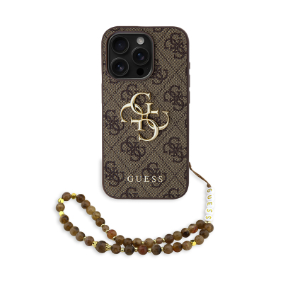 Apple iPhone 15 Pro Max Case Guess Original Licensed PU Leather Wrist Strap Rope Metal Big 4G and Text Logo Cover - 1