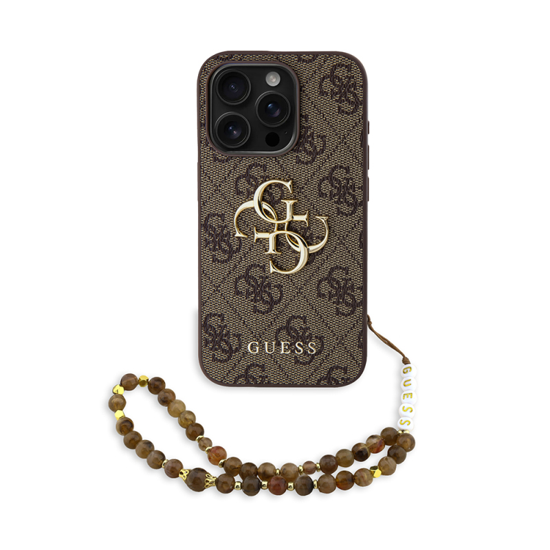 Apple iPhone 15 Pro Max Case Guess Original Licensed PU Leather Wrist Strap Rope Metal Big 4G and Text Logo Cover - 1