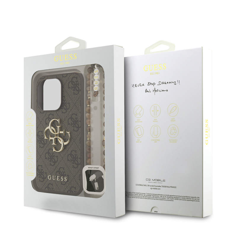 Apple iPhone 15 Pro Max Case Guess Original Licensed PU Leather Wrist Strap Rope Metal Big 4G and Text Logo Cover - 11