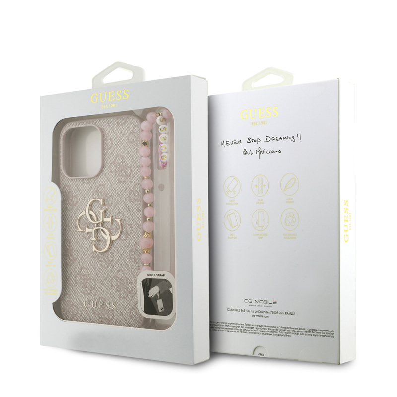 Apple iPhone 15 Pro Max Case Guess Original Licensed PU Leather Wrist Strap Rope Metal Big 4G and Text Logo Cover - 18
