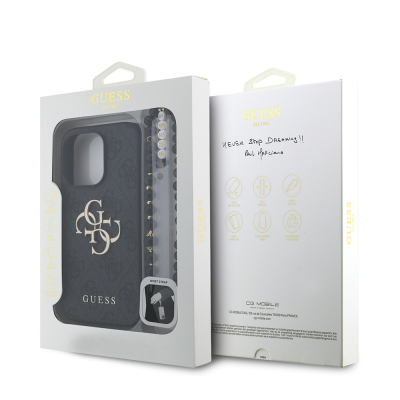 Apple iPhone 15 Pro Max Case Guess Original Licensed PU Leather Wrist Strap Rope Metal Big 4G and Text Logo Cover - 25