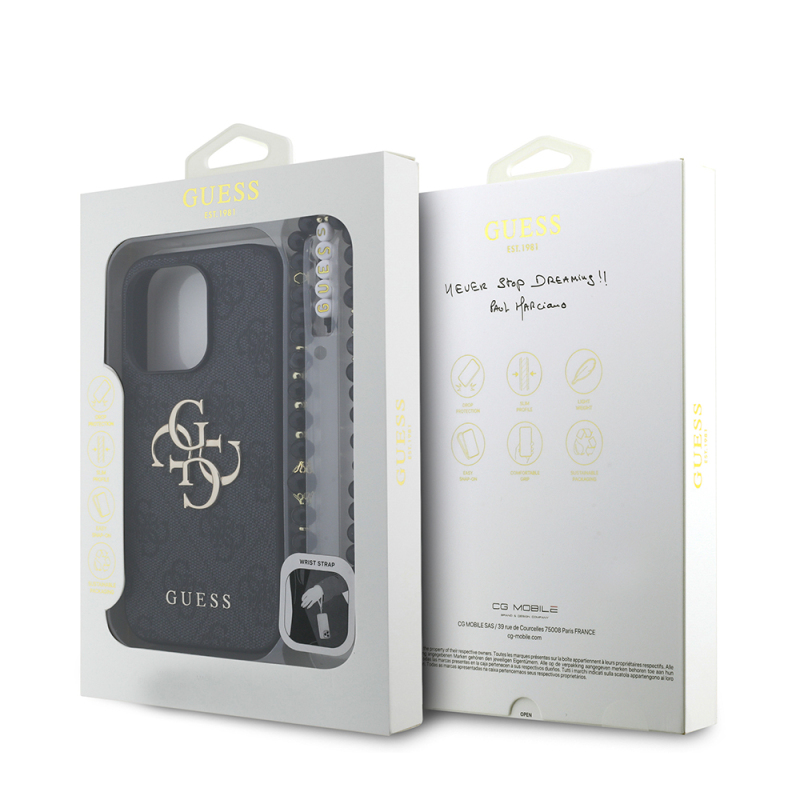 Apple iPhone 15 Pro Max Case Guess Original Licensed PU Leather Wrist Strap Rope Metal Big 4G and Text Logo Cover - 25