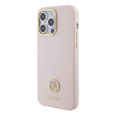 Apple iPhone 15 Pro Max Case Guess Original Licensed Text and Stoned 4G Logo Metal Camera Frame Silicone Cover - 3