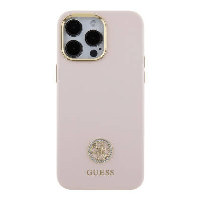 Apple iPhone 15 Pro Max Case Guess Original Licensed Text and Stoned 4G Logo Metal Camera Frame Silicone Cover - 4