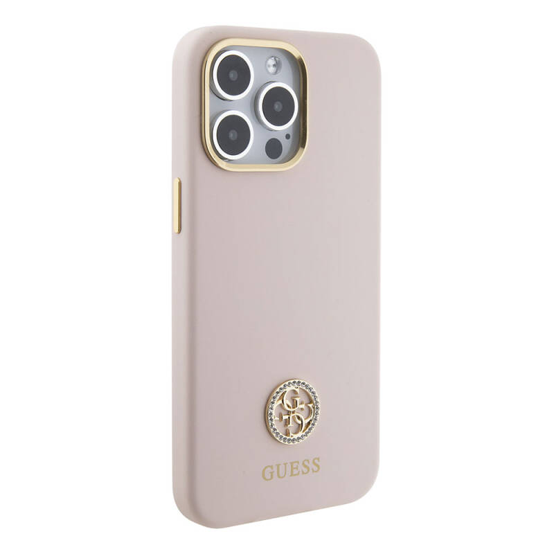 Apple iPhone 15 Pro Max Case Guess Original Licensed Text and Stoned 4G Logo Metal Camera Frame Silicone Cover - 5