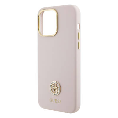 Apple iPhone 15 Pro Max Case Guess Original Licensed Text and Stoned 4G Logo Metal Camera Frame Silicone Cover - 7