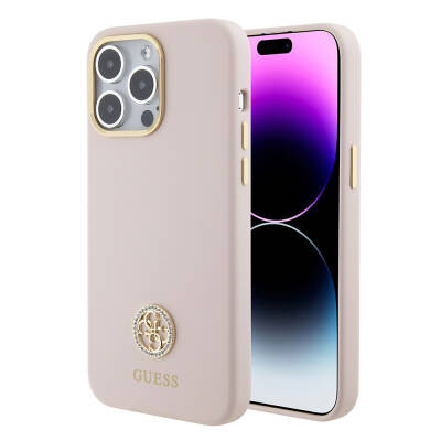 Apple iPhone 15 Pro Max Case Guess Original Licensed Text and Stoned 4G Logo Metal Camera Frame Silicone Cover - 1