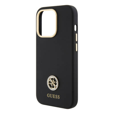 Apple iPhone 15 Pro Max Case Guess Original Licensed Text and Stoned 4G Logo Metal Camera Frame Silicone Cover - 15