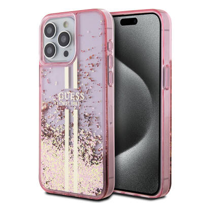 Apple iPhone 15 Pro Max Case Guess Original Licensed Transparent Liquid Glitter Gold Striped Cover - 1