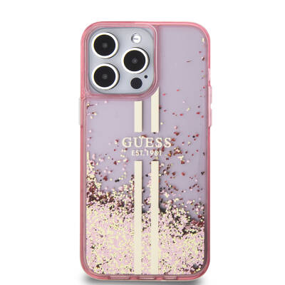 Apple iPhone 15 Pro Max Case Guess Original Licensed Transparent Liquid Glitter Gold Striped Cover - 3