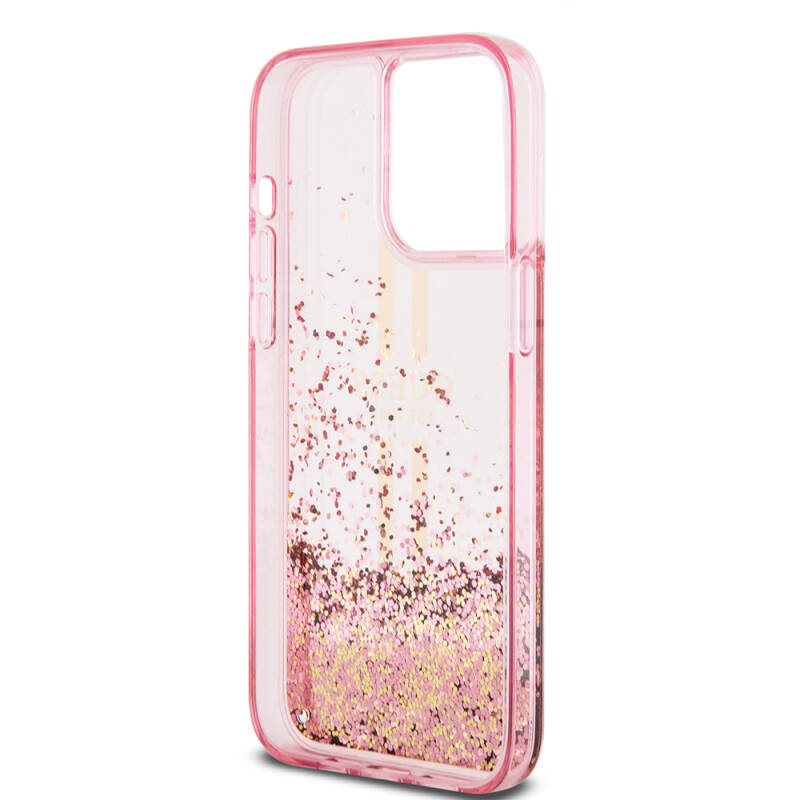 Apple iPhone 15 Pro Max Case Guess Original Licensed Transparent Liquid Glitter Gold Striped Cover - 7