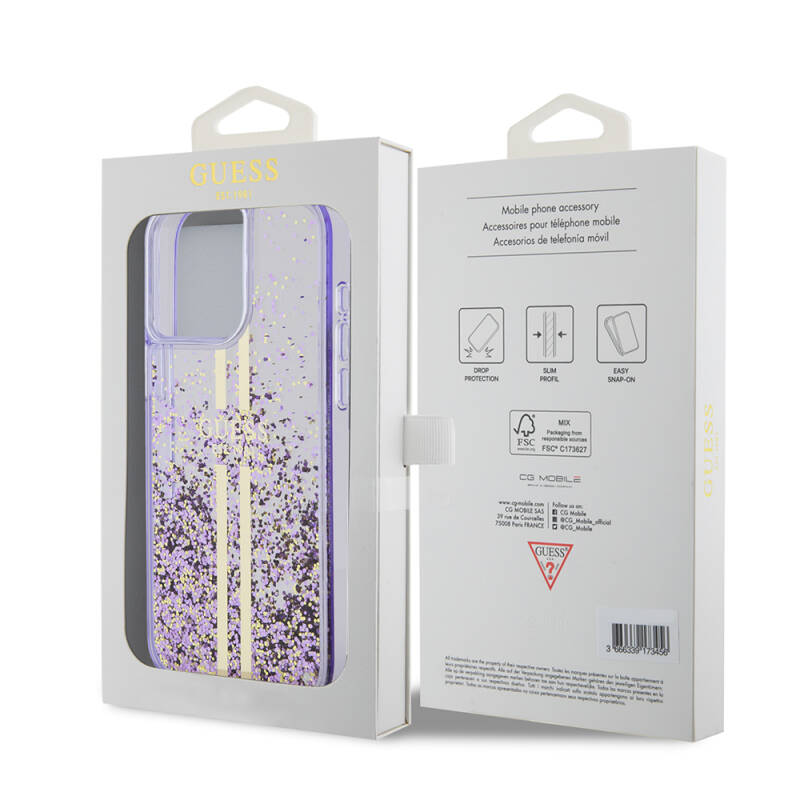 Apple iPhone 15 Pro Max Case Guess Original Licensed Transparent Liquid Glitter Gold Striped Cover - 17