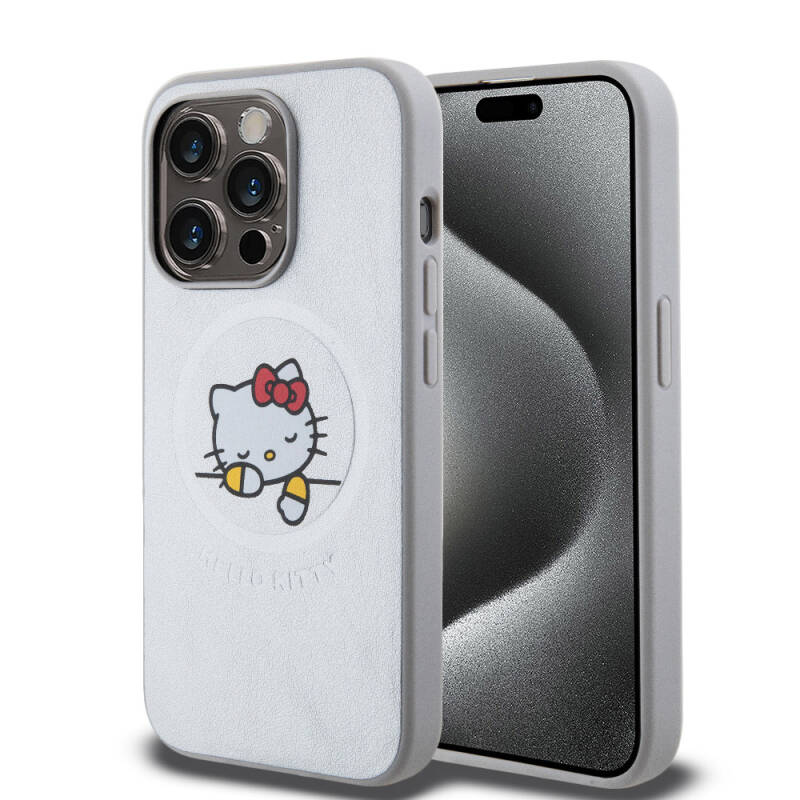 Apple iPhone 15 Pro Max Case Hello Kitty Original Licensed Magsafe Charging Feature and Printing Sleeping Kitty Logo Leather Cover - 1