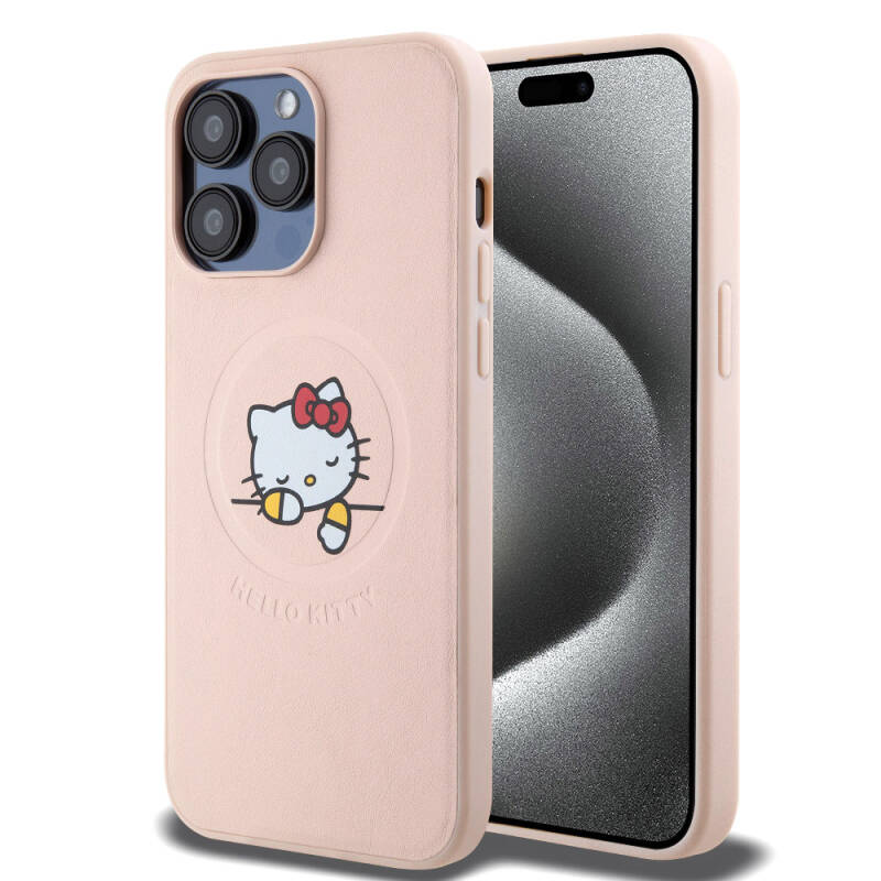 Apple iPhone 15 Pro Max Case Hello Kitty Original Licensed Magsafe Charging Feature and Printing Sleeping Kitty Logo Leather Cover - 10