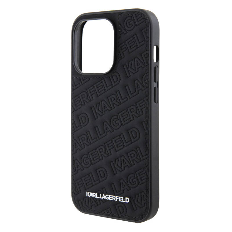 Apple iPhone 15 Pro Max Case Karl Lagerfeld Original Licensed Metal Text Logo Stitched Back Surface Quilted Cover - 14