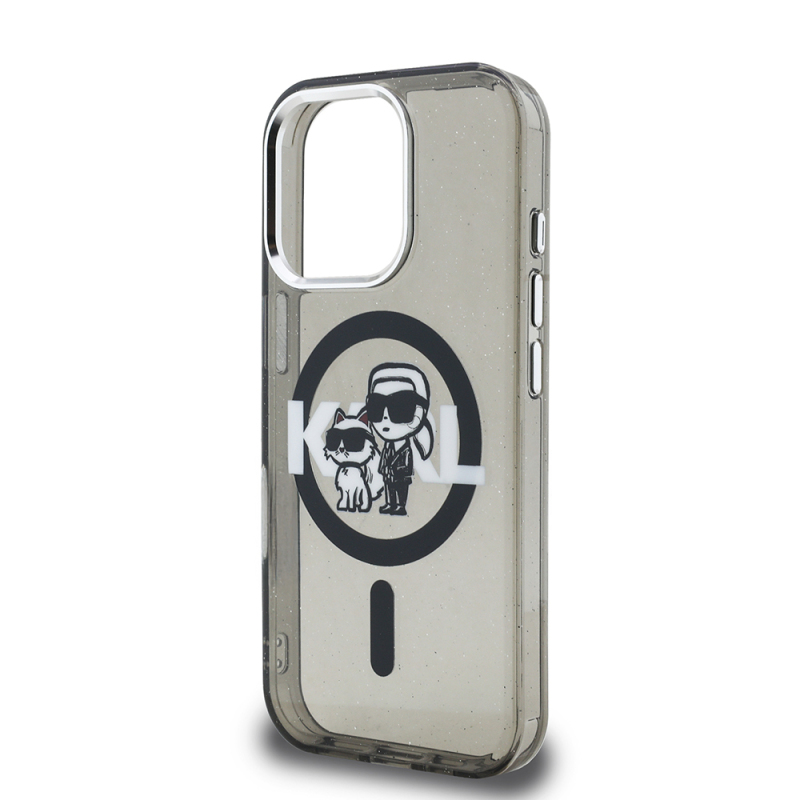 Apple iPhone 15 Pro Max Case Karl Lagerfeld Original Licensed Shining Glitter Karl & Choupette Sketch Logo Cover - 7