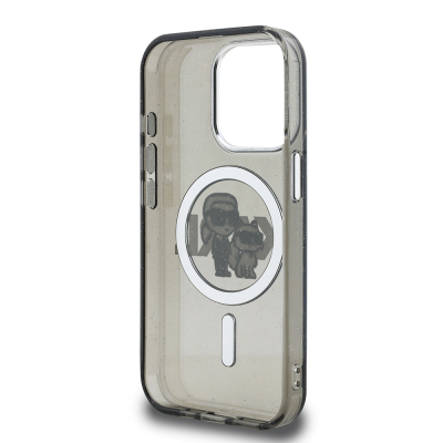 Apple iPhone 15 Pro Max Case Karl Lagerfeld Original Licensed Shining Glitter Karl & Choupette Sketch Logo Cover - 8