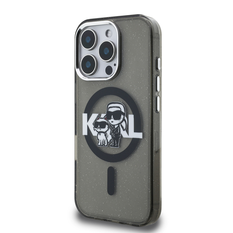 Apple iPhone 15 Pro Max Case Karl Lagerfeld Original Licensed Shining Glitter Karl & Choupette Sketch Logo Cover - 5