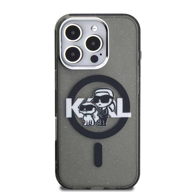 Apple iPhone 15 Pro Max Case Karl Lagerfeld Original Licensed Shining Glitter Karl & Choupette Sketch Logo Cover - 4