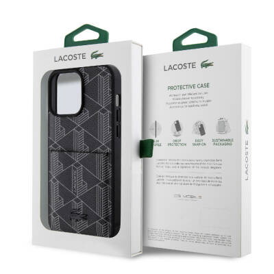 Apple iPhone 15 Pro Max Case Lacoste Original Licensed Magsafe Charging Featured PU Leather Look Mixed Monogram Patterned Cover with Card Holder - 24