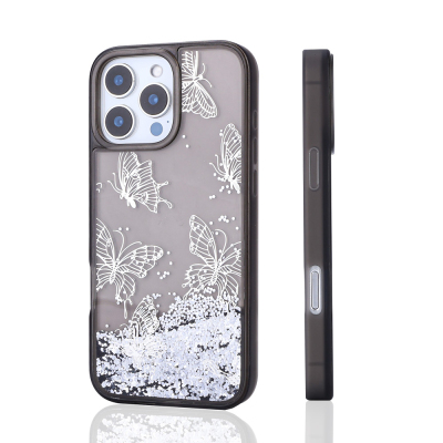 Apple iPhone 15 Pro Max Case Liquid Glitter Butterfly Printed Transparent Back Surface Zore Glis Silicone Cover - 6