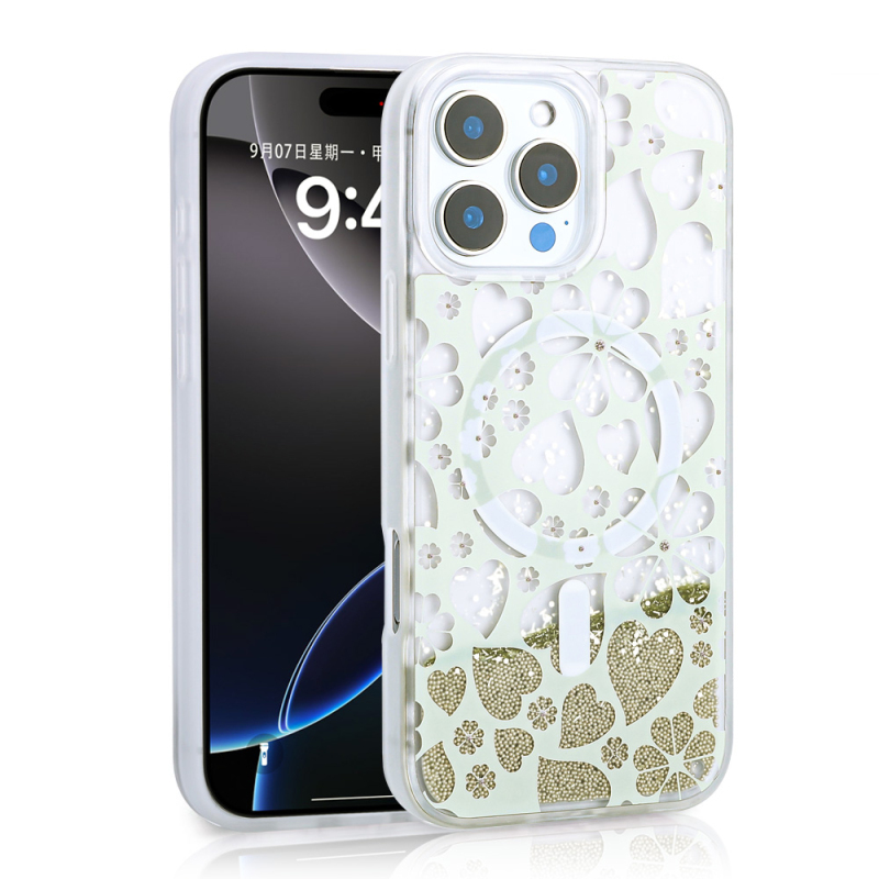 Apple iPhone 15 Pro Max Case Liquid Glitter Printed Transparent Back Surface Zore Mossa Silicone Cover - 1