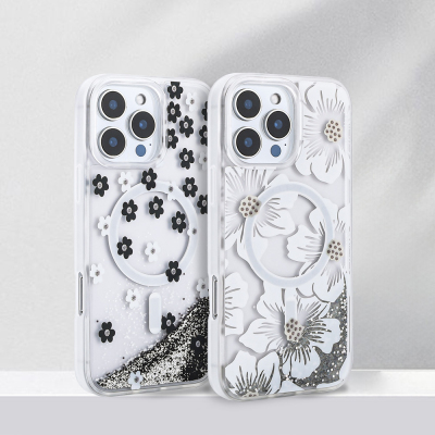 Apple iPhone 15 Pro Max Case Liquid Glitter Printed Transparent Back Surface Zore Mossa Silicone Cover - 12