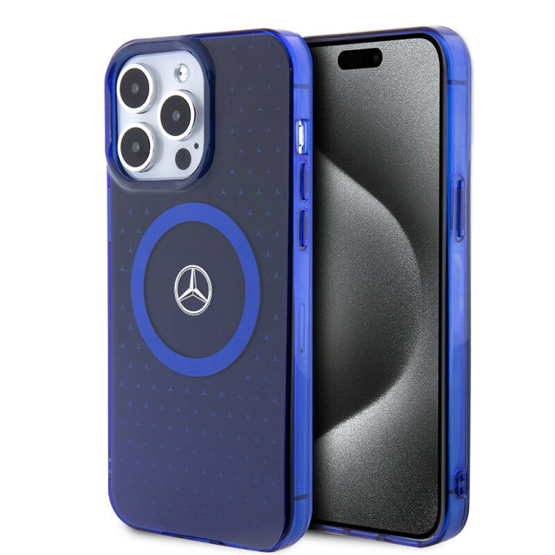 Apple iPhone 15 Pro Max Case Mercedes Benz Original Licensed Double Layer Blue Star Pattern Magsafe Charge Cover - 9