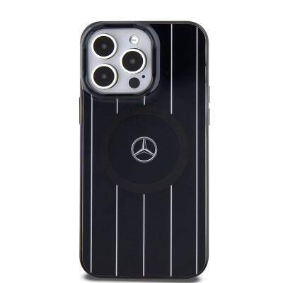 Apple iPhone 15 Pro Max Case Mercedes Benz Original Licensed Magsafe Double Layer Parallel Line Patterned Charge Cover - 3