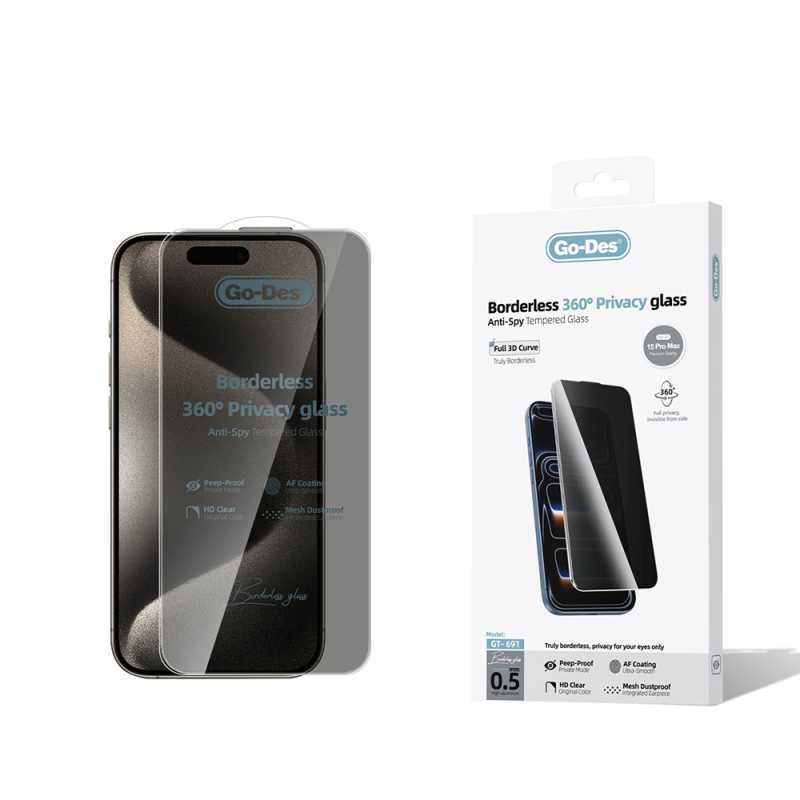 Apple iPhone 15 Pro Max Go Des AF Borderless Privacy Temperli Cam Ekran Koruyucu - 1