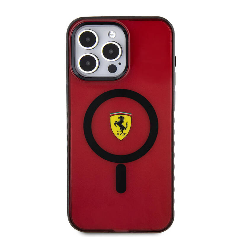 Apple iPhone 15 Pro Max Kılıf Ferrari Orjinal Lisanslı Magsafe Şarj Özellikli Tırtıklı Kenar Tasarımlı Ortalanmış Logo Kapak - 22