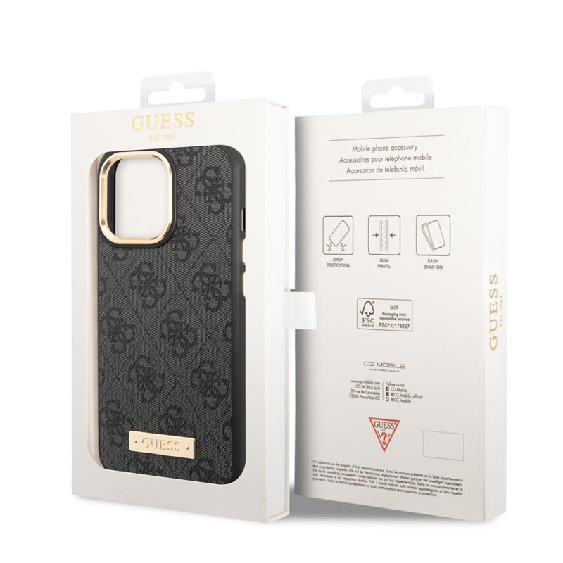 Apple iPhone 15 Pro Max Kılıf Guess Orjinal Lisanslı M-safe Şarj Özellikli 4G Desenli PU Metal Plaka Klasik Logolu Kapak - 16