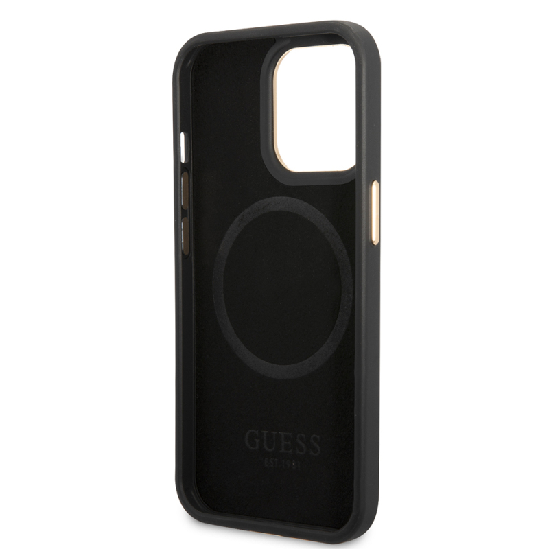 Apple iPhone 15 Pro Max Kılıf Guess Orjinal Lisanslı M-safe Şarj Özellikli 4G Desenli PU Metal Plaka Klasik Logolu Kapak - 9