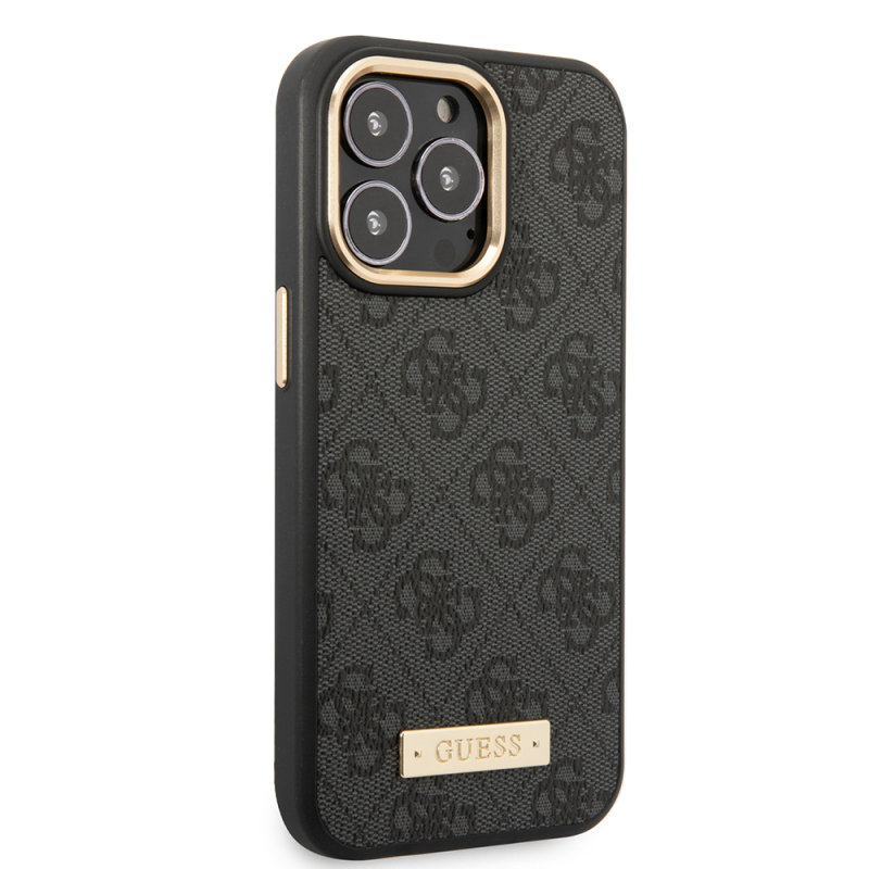 Apple iPhone 15 Pro Max Kılıf Guess Orjinal Lisanslı M-safe Şarj Özellikli 4G Desenli PU Metal Plaka Klasik Logolu Kapak - 6